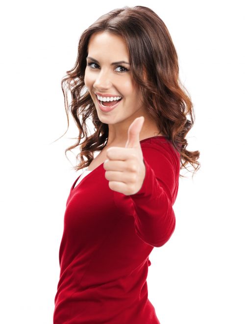 41223975 - happy smiling beautiful young brunette woman showing thumbs up gesture, isolated on white background